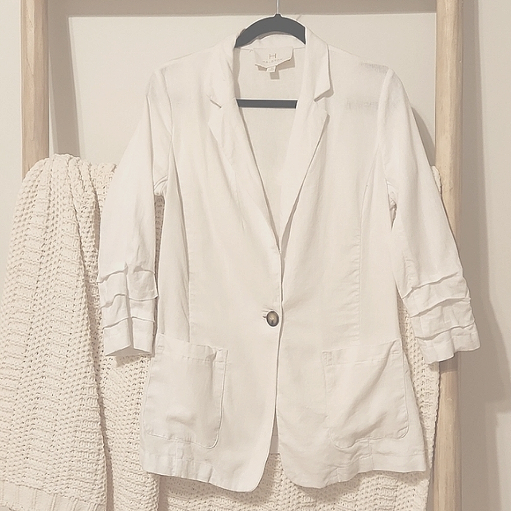 Halston Linen Blazer Ruffled Sleeves Size Small